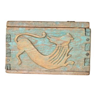 Antique Spanish Colonial Painted Wood Keepsake Box with Carved Lion Motif