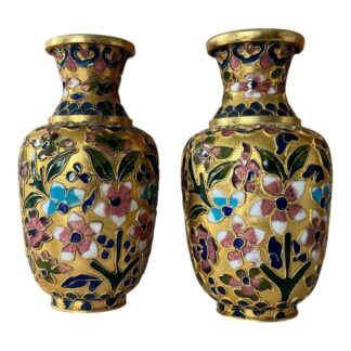 Antique Chinese Champlevé Cloisonné Enamel Over Brass Miniature Floral Bud Vases