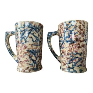 Antique RRP Roseville Pottery Blue Purple Country Spongeware Stoneware Mugs