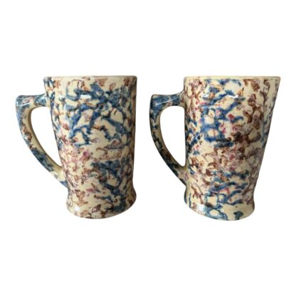 Antique RRP Roseville Pottery Blue Purple Country Spongeware Stoneware Mugs - Image 5