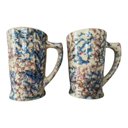 Antique RRP Roseville Pottery Blue Purple Country Spongeware Stoneware Mugs - Image 7