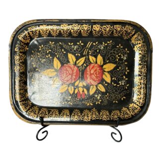 Antique Hand Painted Floral Decorative Tole Tinware Toleware Tray