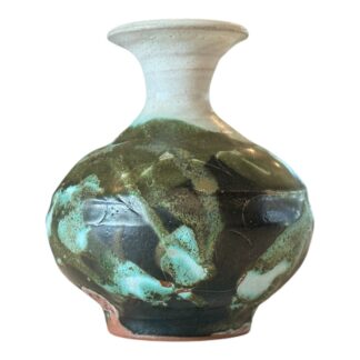 Vintage Studio Art Green & White Glazed Ceramic Pottery Vase (Makoto Yabe)
