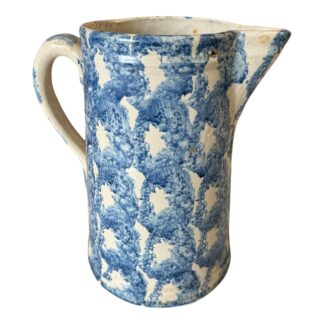 Antique Blue Spongeware Salt Glaze Smoke Ring Stoneware Pitcher