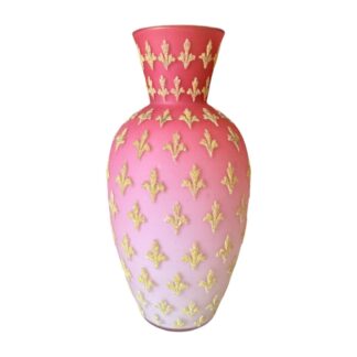Antique Victorian Pink Satin Sommerso Glass Vase with Gold Coralene Fleur De Lis