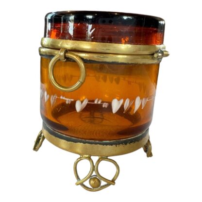 Antique Bohemian Mary Gregory Etched Amber Glass Footed Dresser Trinket Box - Image 4