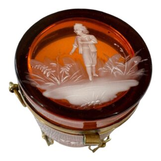 Antique Bohemian Mary Gregory Etched Amber Glass Footed Dresser Trinket Box
