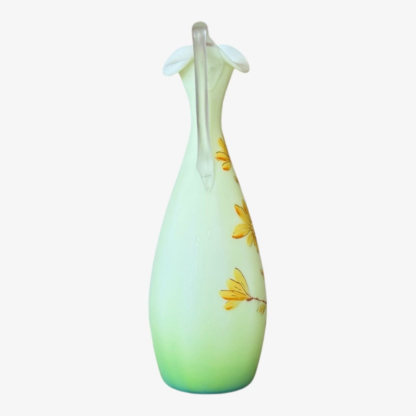 Antique Victorian Yellow Opaline Floral Handblown Satin Glass Vase - Image 2