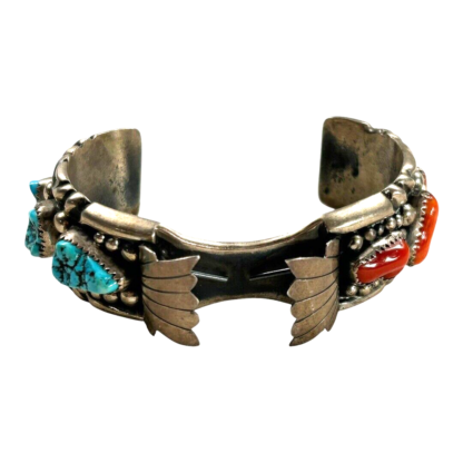 Vintage Native American Navajo Men's Sterling Silver Turquoise Coral Watch Band - Image 2