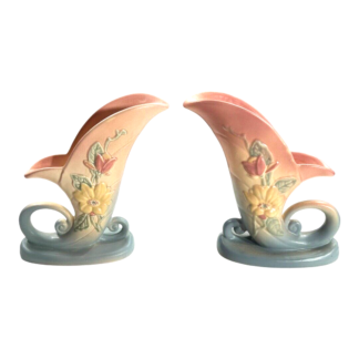 Parir of Hull Pottery Magnolia Vase (s) Cornucopia 19-8 1/2 No Crazing Set of 2