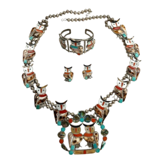 Vintage Native Zuni Lesansee Silver Squash Blossum Owl Necklace, Cuff & Earrings