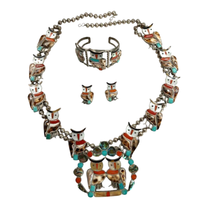 Vintage Native Zuni Lesansee Silver Squash Blossum Owl Necklace, Cuff & Earrings