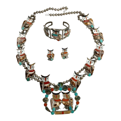 Vintage Native Zuni Lesansee Silver Squash Blossum Owl Necklace, Cuff & Earrings - Image 3