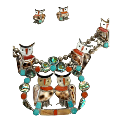 Vintage Native Zuni Lesansee Silver Squash Blossum Owl Necklace, Cuff & Earrings - Image 4