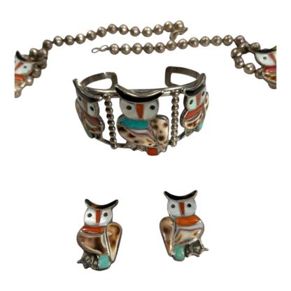 Vintage Native Zuni Lesansee Silver Squash Blossum Owl Necklace, Cuff & Earrings - Image 6