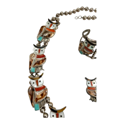 Vintage Native Zuni Lesansee Silver Squash Blossum Owl Necklace, Cuff & Earrings - Image 7