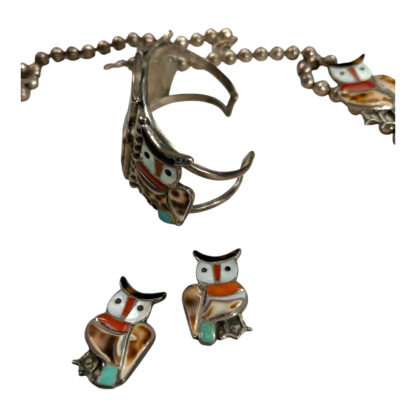 Vintage Native Zuni Lesansee Silver Squash Blossum Owl Necklace, Cuff & Earrings - Image 9