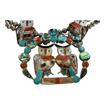 Vintage Native Zuni Lesansee Silver Squash Blossum Owl Necklace, Cuff & Earrings - Image 12