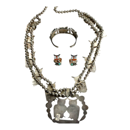 Vintage Native Zuni Lesansee Silver Squash Blossum Owl Necklace, Cuff & Earrings - Image 19