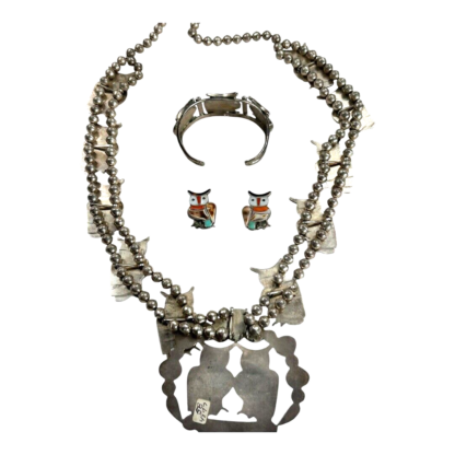 Vintage Native Zuni Lesansee Silver Squash Blossum Owl Necklace, Cuff & Earrings - Image 20