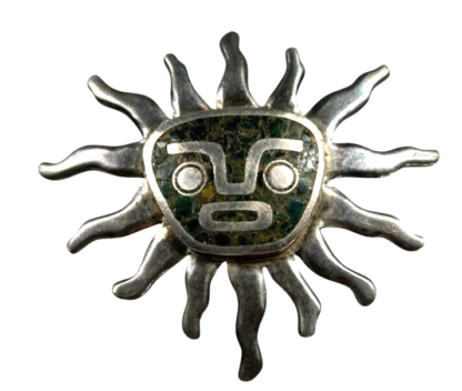 Vintage Mexican Sterling Silver & Stone Aztec Sun Pendant Brooch Miguel Melendez