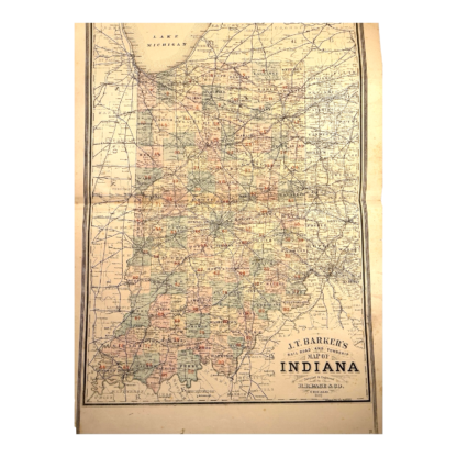 Antique 1880s J.T. Barker Railroad Map of Indiana – Colored Transportation Map