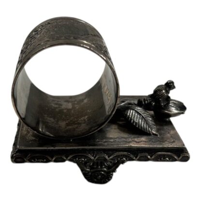 Antique Figural Napkin Ring Silver Silverplate - Bird Leaf with Footed Pedestal - Image 3