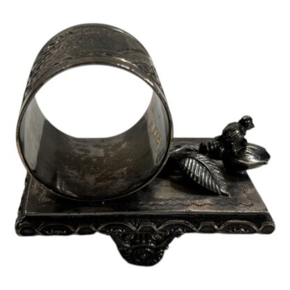 Antique Figural Napkin Ring Silver Silverplate - Bird Leaf with Footed Pedestal - Image 4