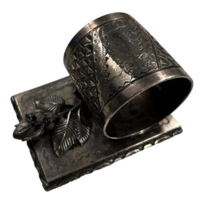 Antique Figural Napkin Ring Silver Silverplate - Bird Leaf with Footed Pedestal - Image 6