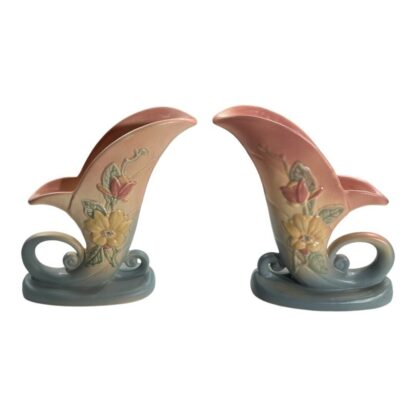 Parir of Hull Pottery Magnolia Vase (s) Cornucopia 19-8 1/2 No Crazing Set of 2 - Image 2