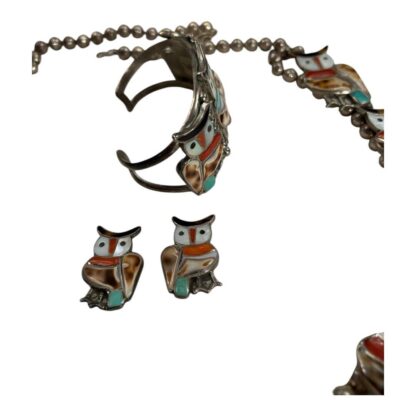 Vintage Native Zuni Lesansee Silver Squash Blossum Owl Necklace, Cuff & Earrings - Image 10