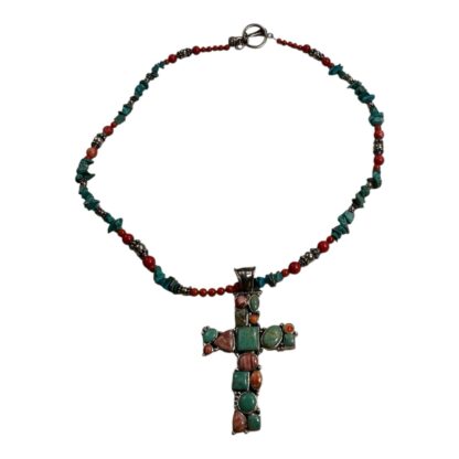 Vintage Native American Navajo Sterling Silver  Turquoise Cross Pendant Necklace - Image 2