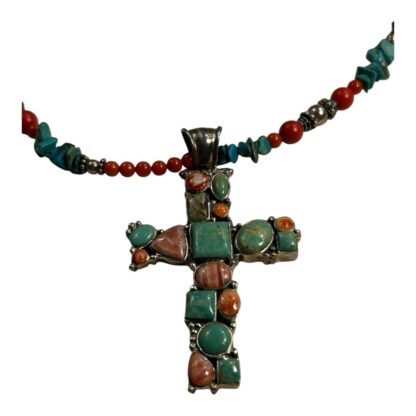 Vintage Native American Navajo Sterling Silver  Turquoise Cross Pendant Necklace - Image 3