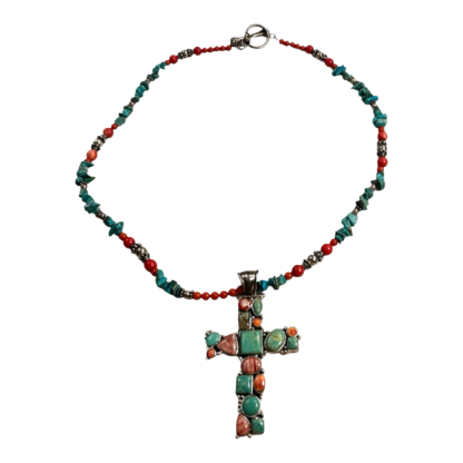 Vintage Native American Navajo Sterling Silver  Turquoise Cross Pendant Necklace