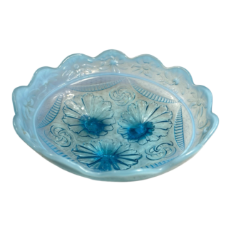 Antique Blue Opalescent Northwood Ruffles & Rings Carnival Glass Candy Bowl