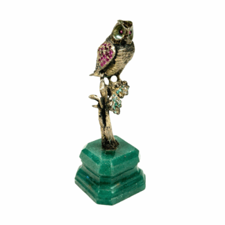 Antique Austrian Sterling Silver Jeweled Owl Figurine Sculpture on Stone Base