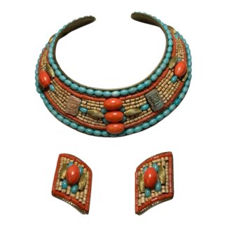 Vintage MJ Hansen Brass Turquoise & Coral Rhinestone Collar Necklace & Earrings