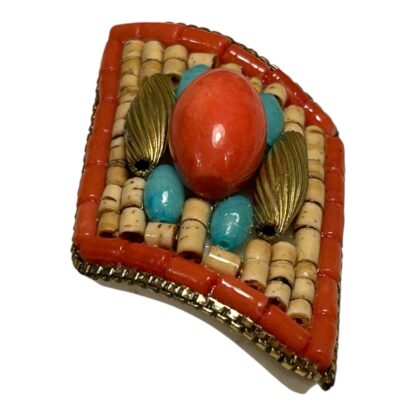 Vintage MJ Hansen Brass Turquoise & Coral Rhinestone Collar Necklace & Earrings - Image 4