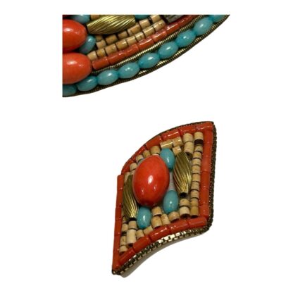 Vintage MJ Hansen Brass Turquoise & Coral Rhinestone Collar Necklace & Earrings - Image 5