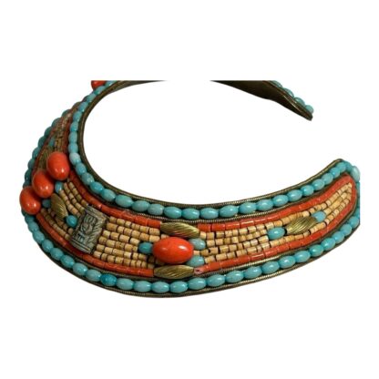 Vintage MJ Hansen Brass Turquoise & Coral Rhinestone Collar Necklace & Earrings - Image 7