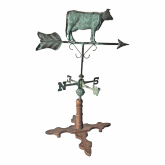 Antique Rustic Farmhouse Metal Cow Weathervane on Wooden Stand