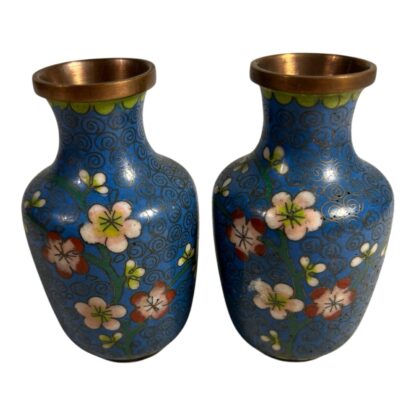 Antique Set of Two Chinese Blue Floral Cloisonne Vases