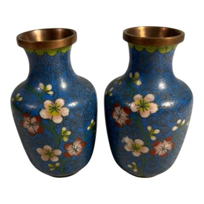 Antique Set of Two Chinese Blue Floral Cloisonne Vases - Image 3