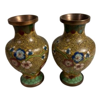 Antique Set of Two Chinese Green Floral Cloisonne Vases
