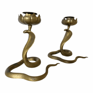 Vintage Indian Bronze Cobra Snake Candle Holder Stands with Lotus Flower Tops