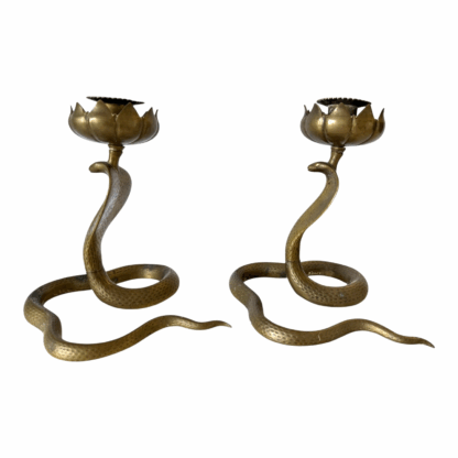 Vintage Indian Bronze Cobra Snake Candle Holder Stands with Lotus Flower Tops - Image 2