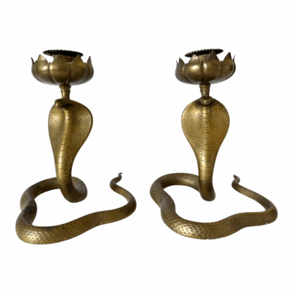 Vintage Indian Bronze Cobra Snake Candle Holder Stands with Lotus Flower Tops - Image 3
