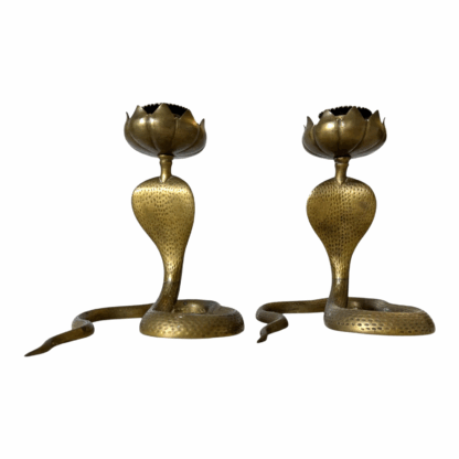 Vintage Indian Bronze Cobra Snake Candle Holder Stands with Lotus Flower Tops - Image 5