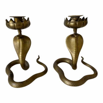 Vintage Indian Bronze Cobra Snake Candle Holder Stands with Lotus Flower Tops - Image 6