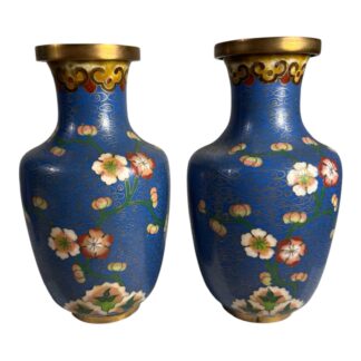 Antique Chinese Brass Cloisonne Blue Painted Floral Vases - Set of Two